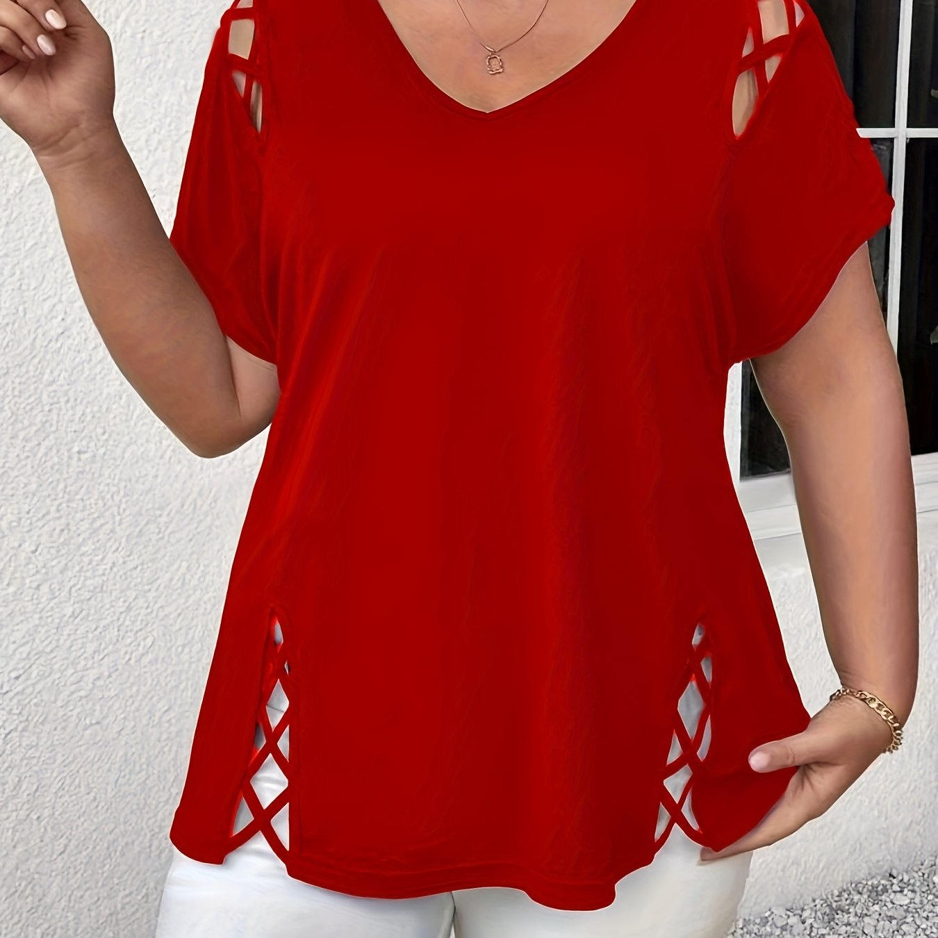 [Elegant T-Shirt] Elegant Plus Size Women's V-Neck T-Shirt | Stretchy Solid Black Top for Spring/Summer, Resort Style Casual & Vacation Wear,
