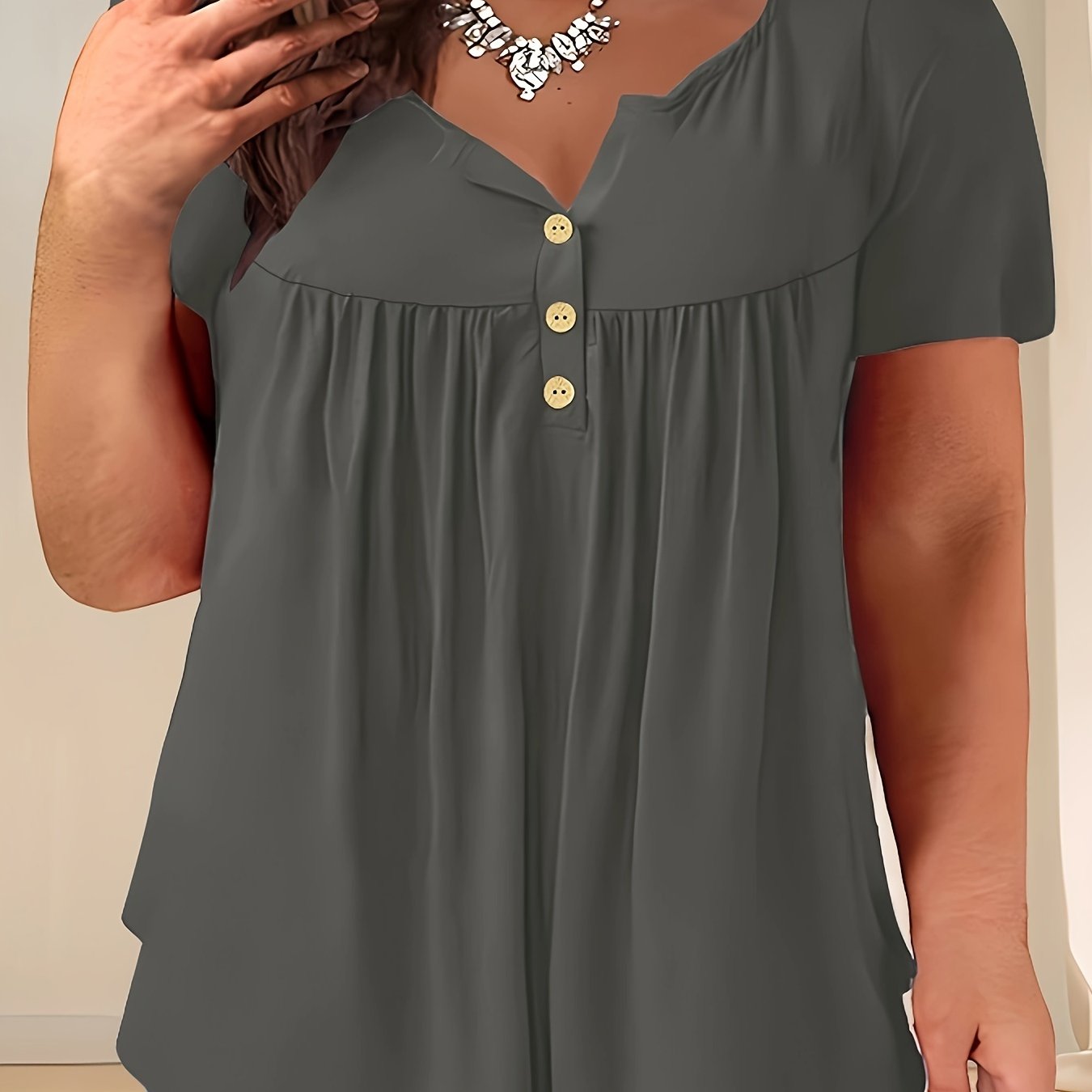 Women'S Plus Size Casual Buttoned Pleated T-Shirt, Summer Knit Fabric Top, Crew Neck, Solid Color, Slight Stretch, Oversized Pullovers,