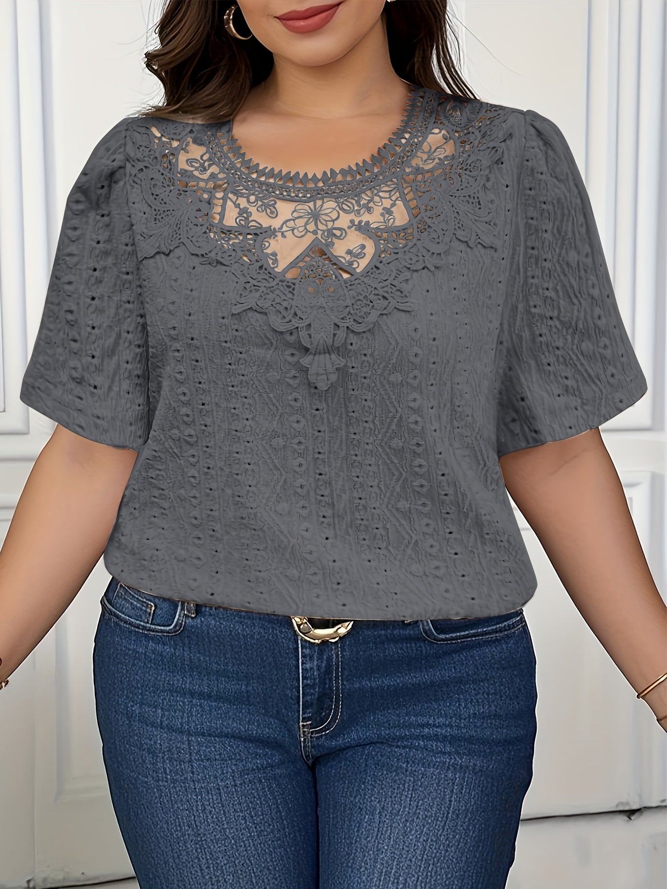 French-Inspired Floral Embroidery Lace Trim Short Sleeve Blouse