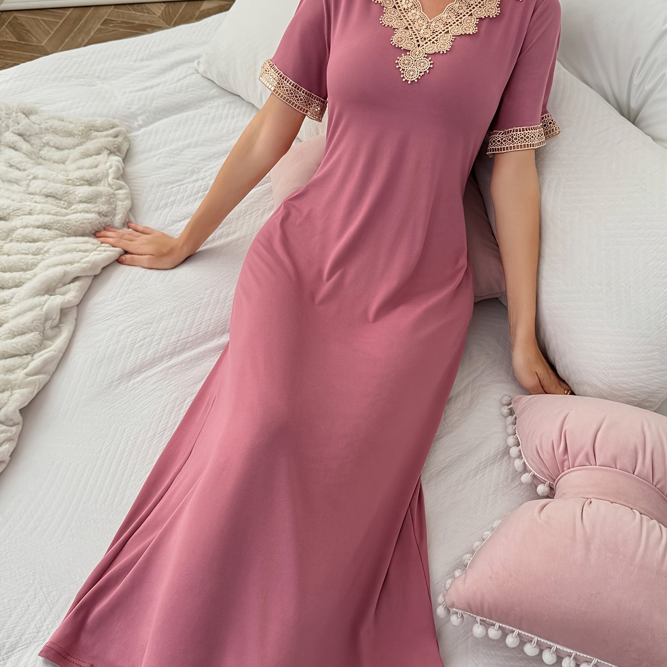 Long Contrast Lace Spliced Nightgown
