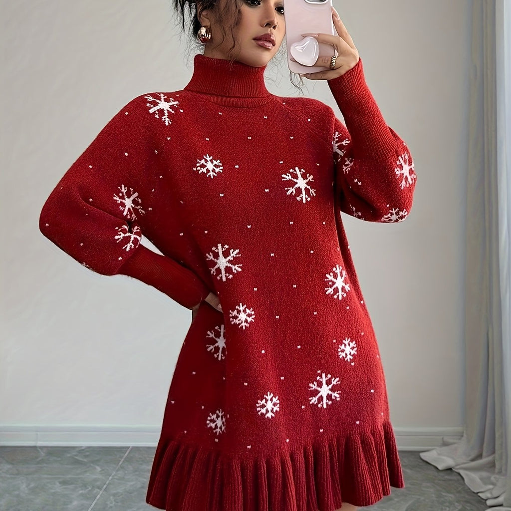 Women's Elegant Red Sweater Dress with Ruffled Hem & Snowflake Pattern Christmas Fall Winter
