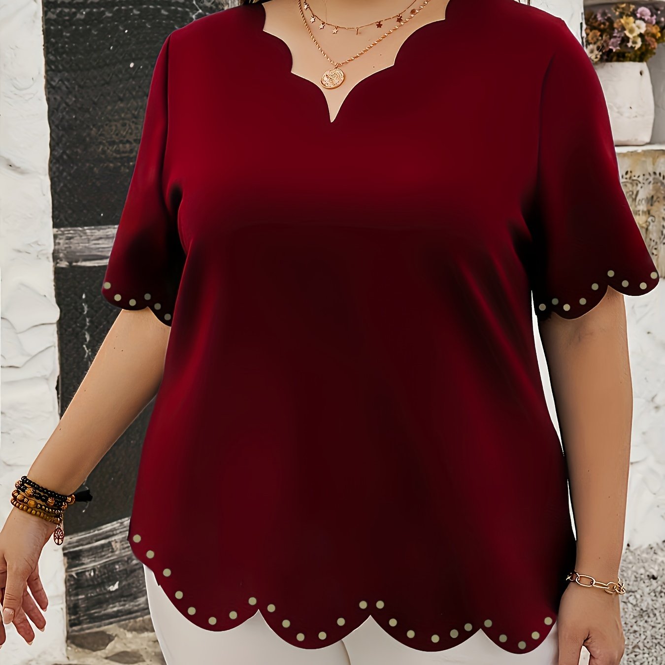 Elegant Burgundy V-Neck Blouse with Cut-Out Floral Embellishments