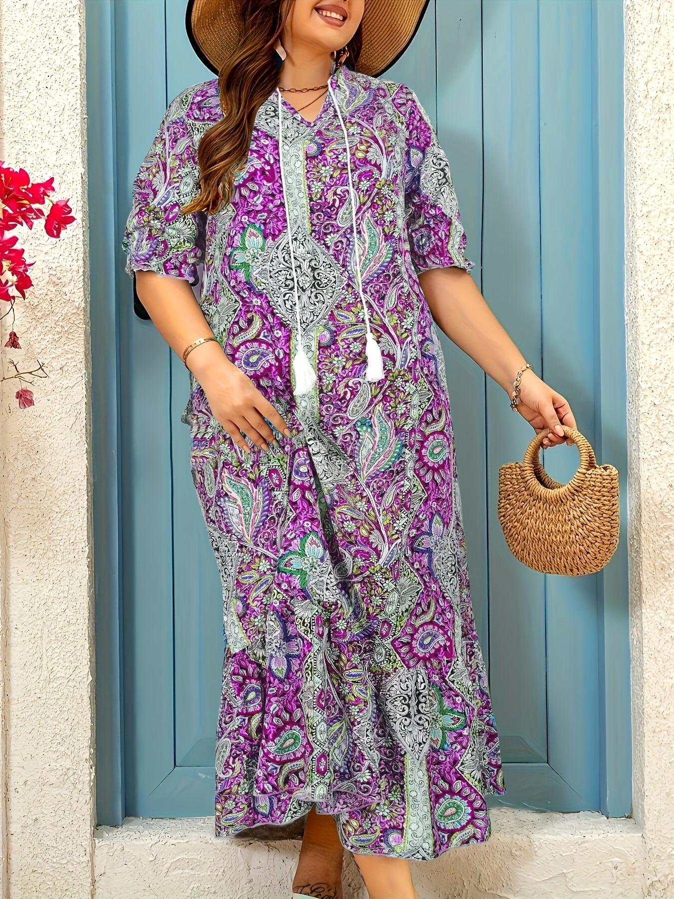 Plus Size, Full-body print dress with ruffled cuffs and hem