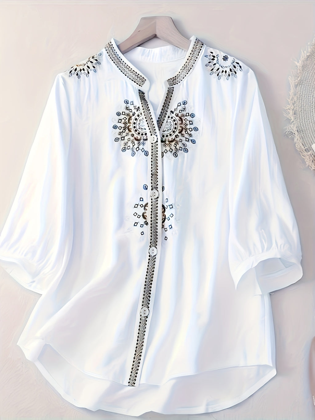 Women's Elegant Short Sleeve Blouse - Floral & Pearl Embroidery, Semi-Sheer Stand-Up Collar