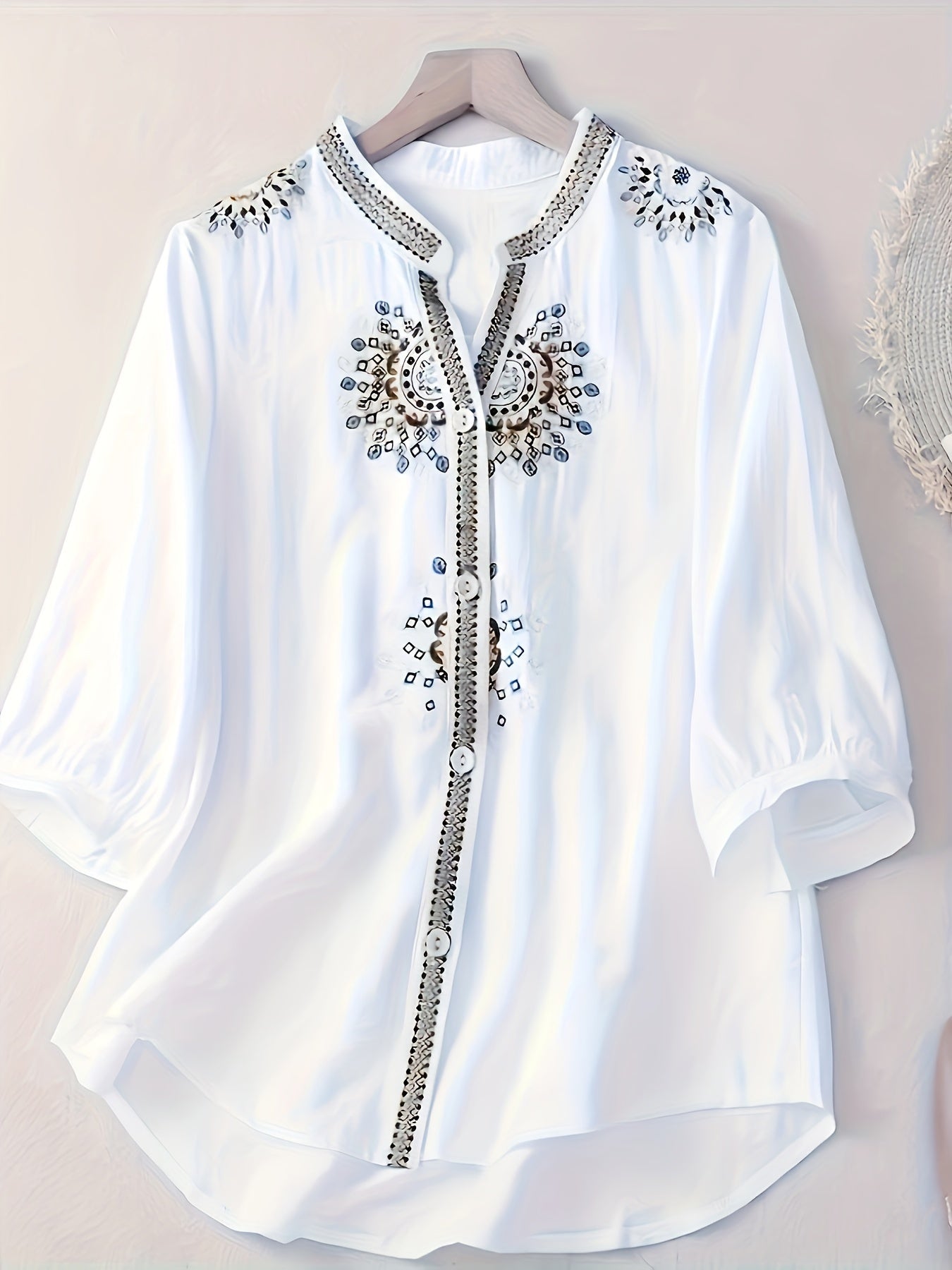 Women's Elegant Short Sleeve Blouse - Floral & Pearl Embroidery, Semi-Sheer Stand-Up Collar