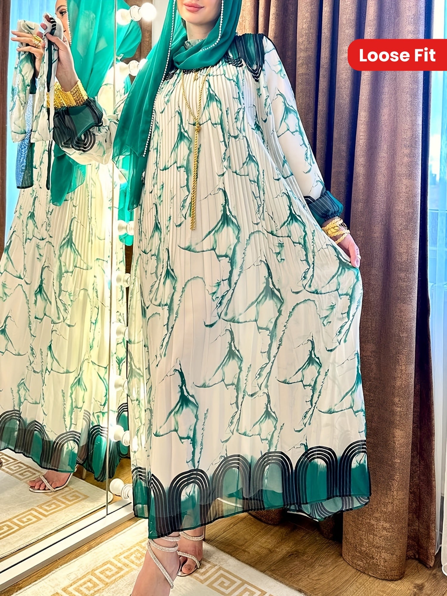 Stunning Tie Dye Print Kaftan Abaya - Elegant Long Sleeve Loose Fit Maxi Dress