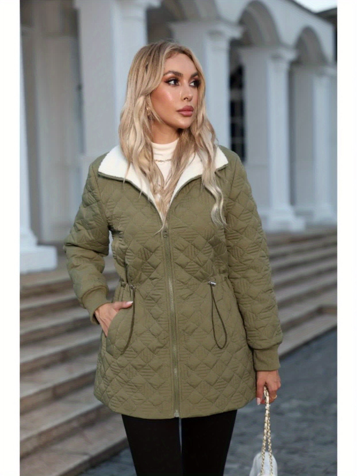 Women's Elegant Winter Jacket - Long Sleeve Zip-Up Coat with Full-Zip Front Closure, Non-Stretch Fabric