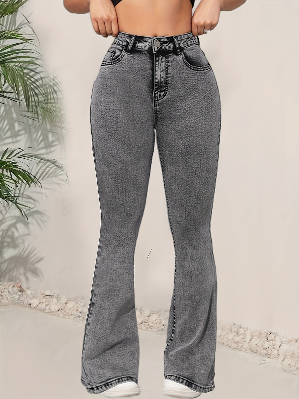 High-Waist Light Gray Flare Jeans for Women