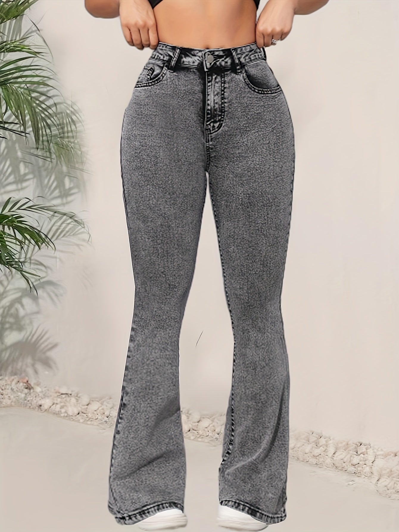 High-Waist Light Gray Flare Jeans for Women