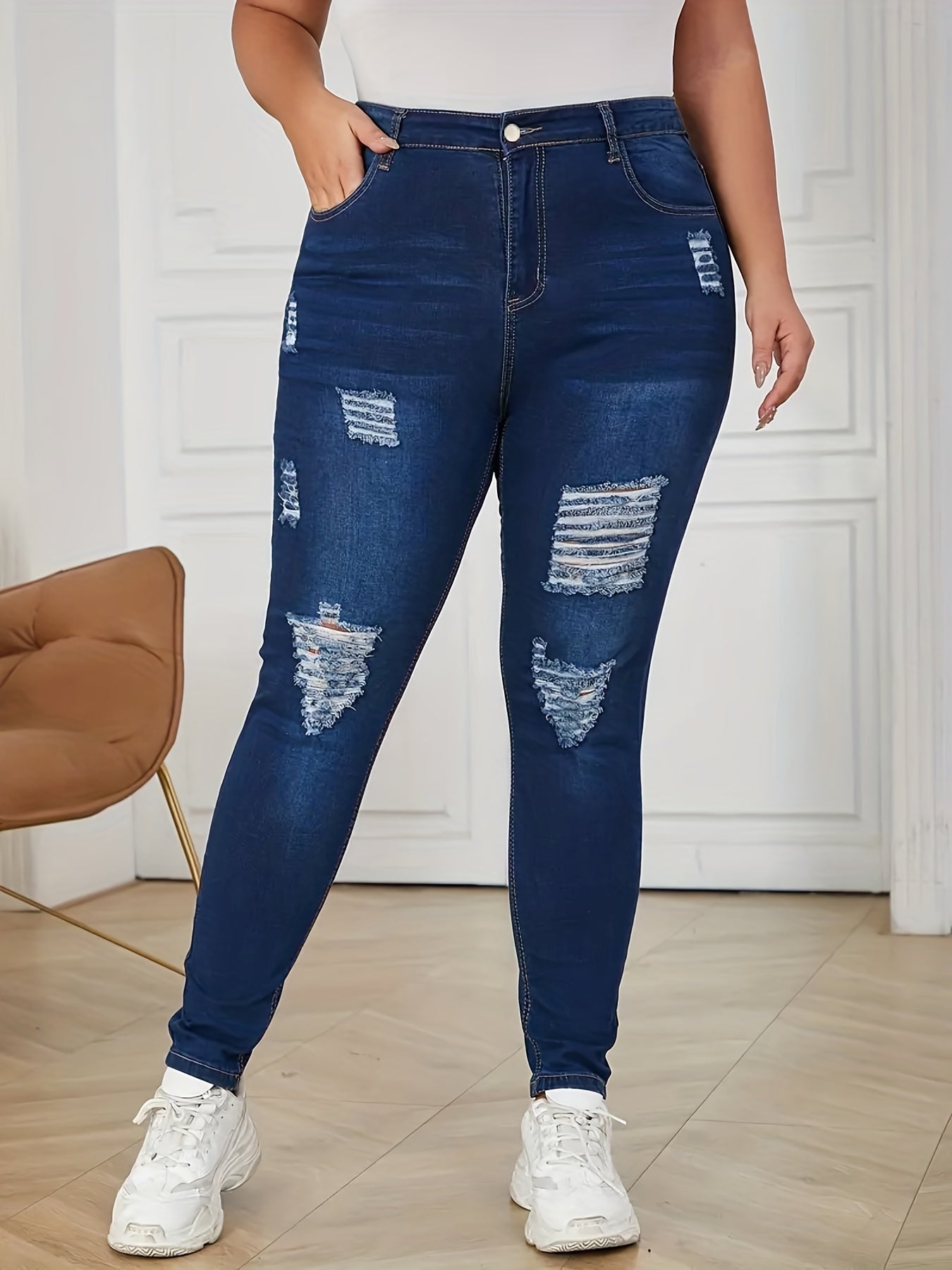 Plus Size Ripped High Rise Button Fly Skinny Jeans