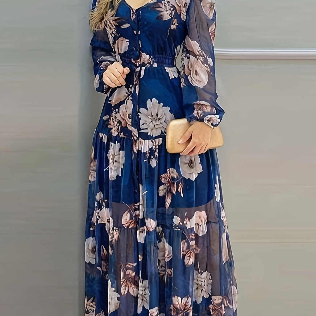 Elegant Floral Print 1pc V-Neck Maxi Dress