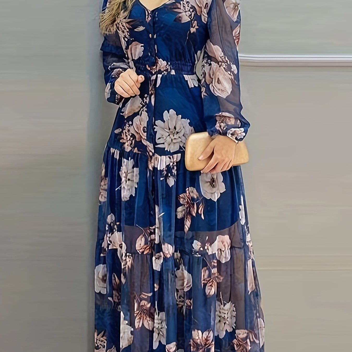 Elegant Floral Print 1pc V-Neck Maxi Dress