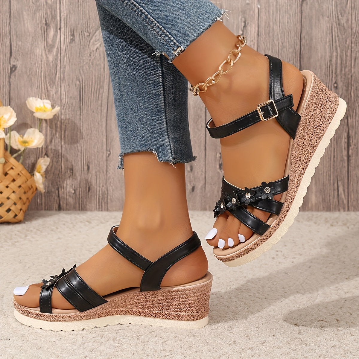Women's Floral Strap Wedge Sandals, Vintage Platform Ankle-Stra Summer Fashion,