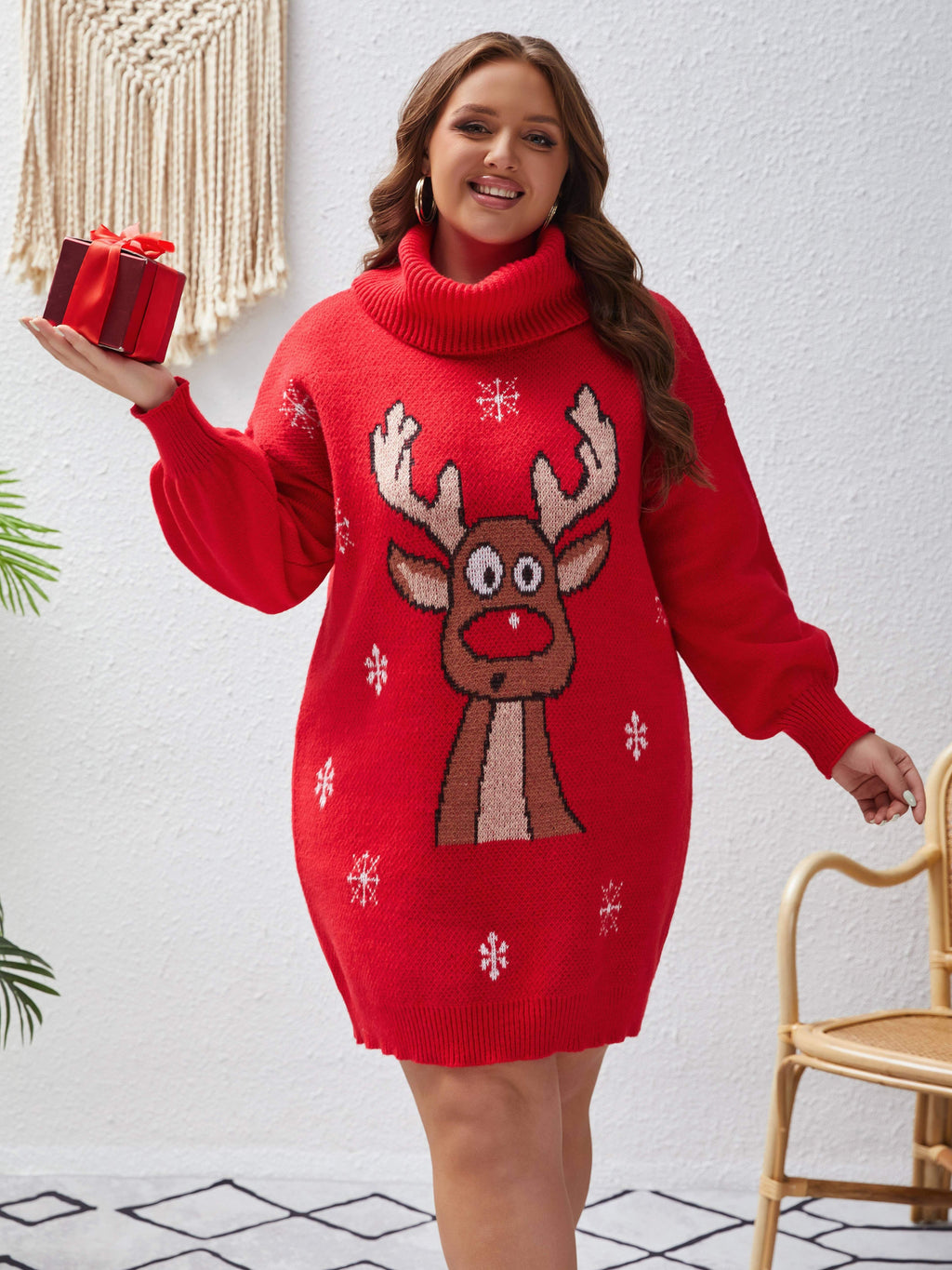 Plus Size Christmas Reindeer Pattern Turtleneck Sweater Dress 100% Polyester Knit Fabric, Party New Year