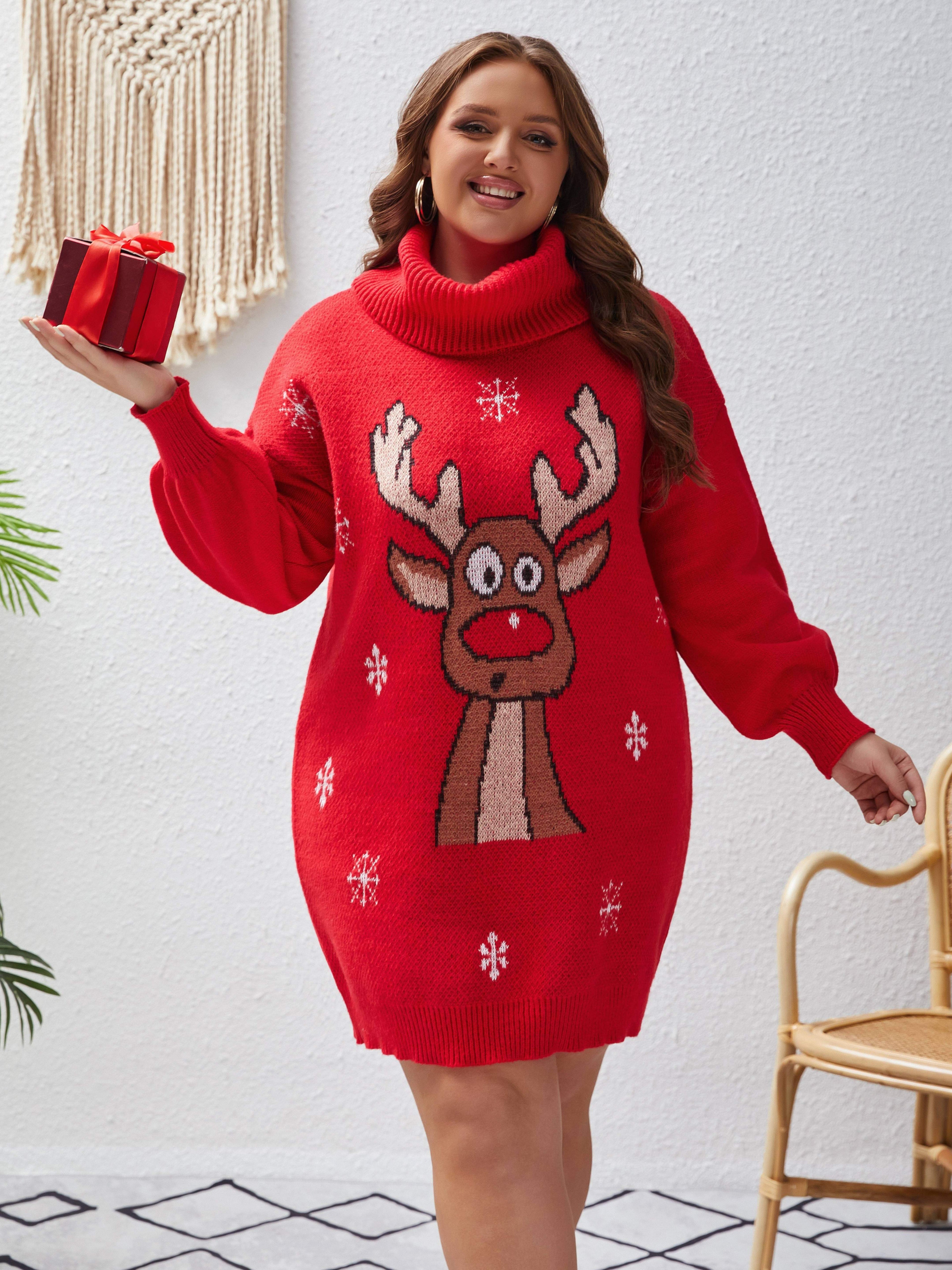 Plus Size Christmas Reindeer Pattern Turtleneck Sweater Dress 100% Polyester Knit Fabric, Party New Year