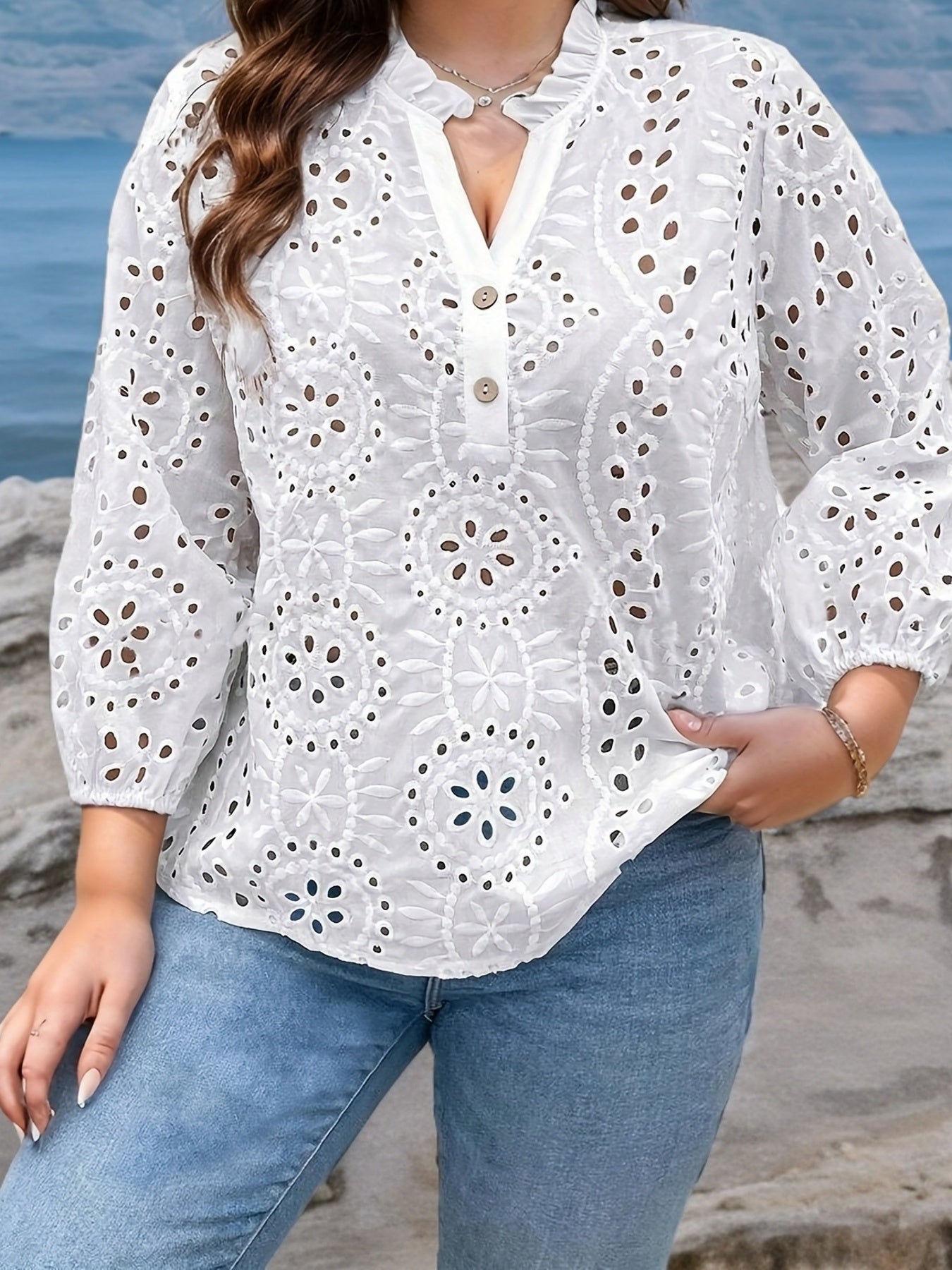 Women's Stretchy V-Neck Blouse with Cut-Out