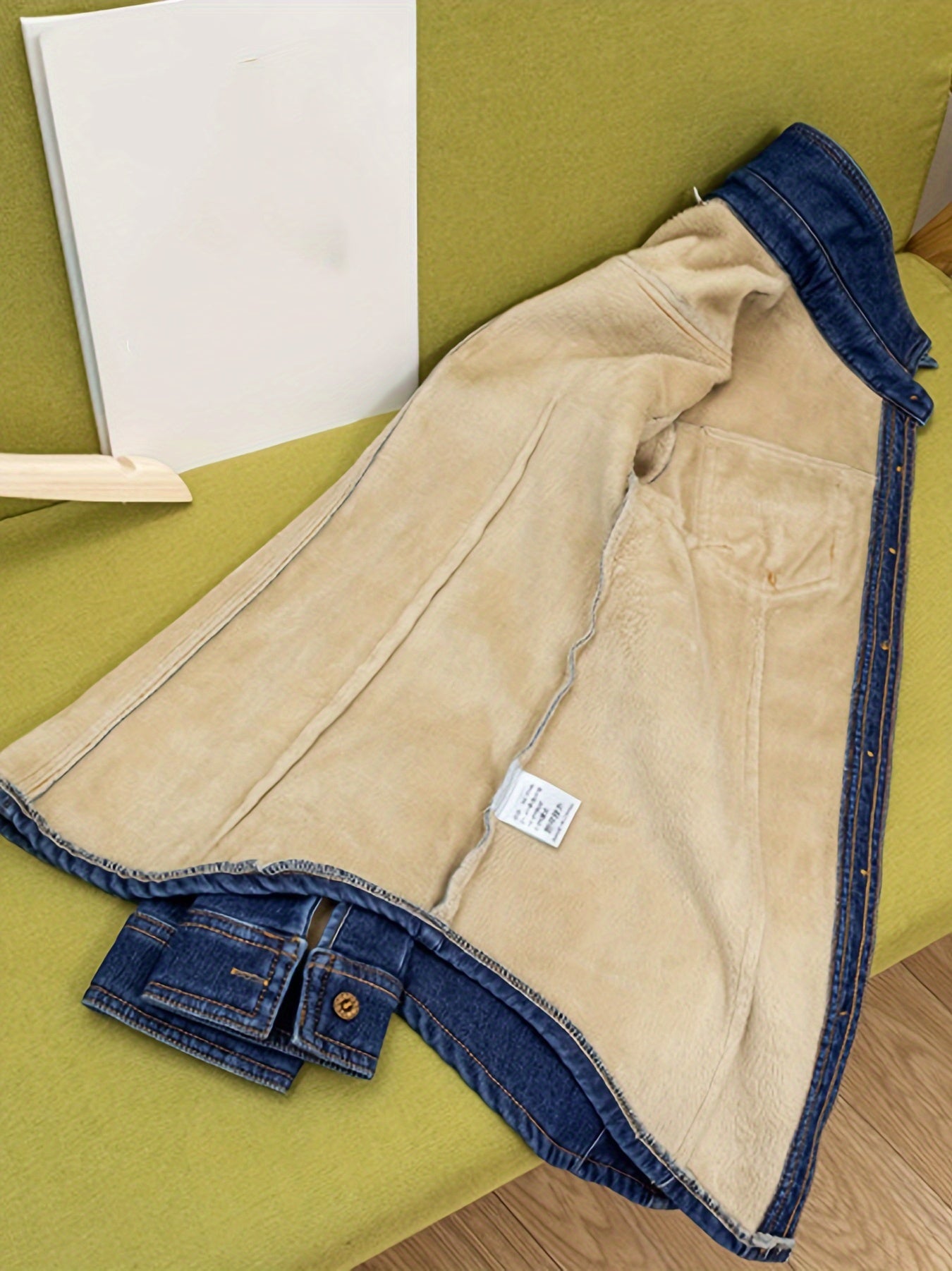 Plain Washed Blue Casual Long Sleeve Plush Lined Denim Shirts Top For Winter, Women's Denim Jeans & Clothing