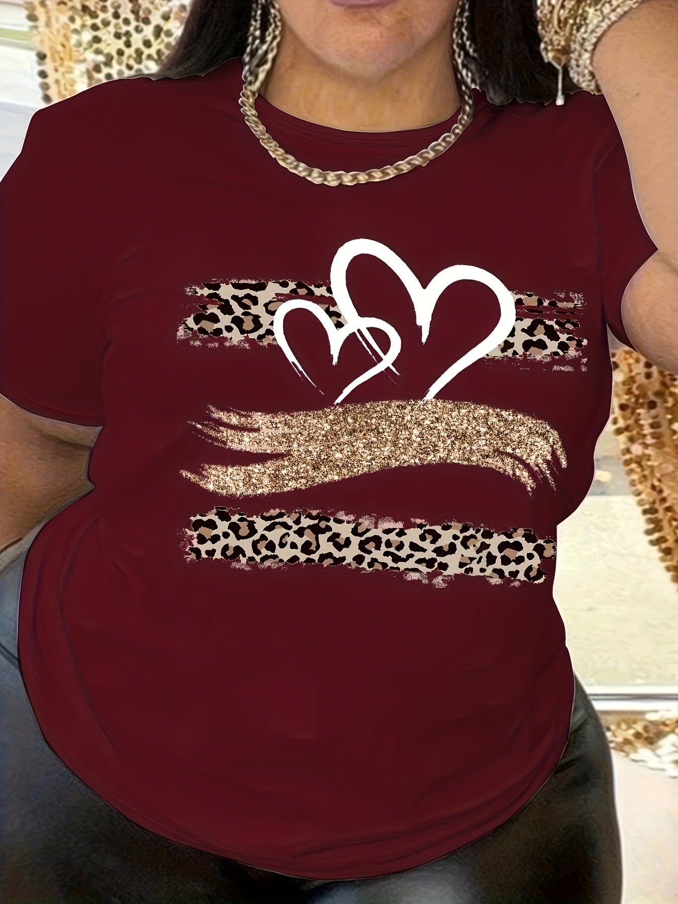 Casual Plus Size Heart Print T-Shirt for Women