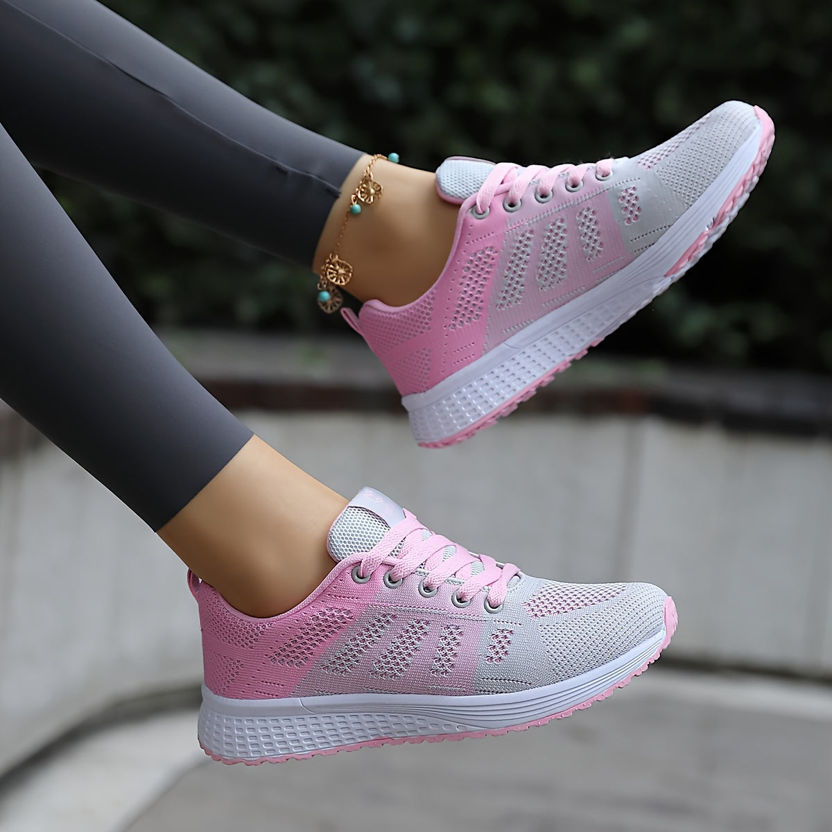 Women's Breathable Mesh Sneakers - Black & Pink Color-Block Design, Comfortable EVA Sole, Lace-Up Low-Top Casual Shoes for All-Season