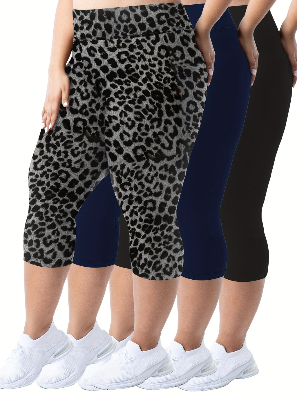 Plus Size - 3pcs High-Waist Capri Leggings for Women