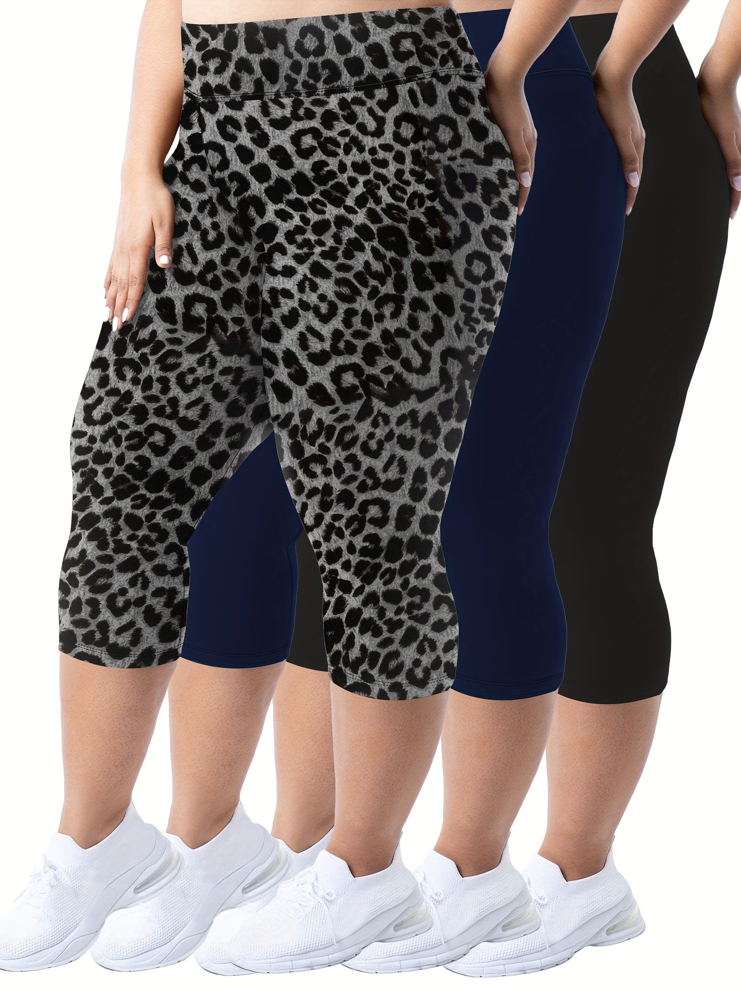 Plus Size - 3pcs High-Waist Capri Leggings for Women
