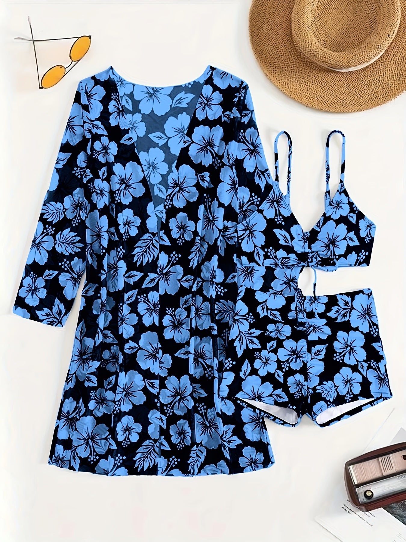 Floral Print Bikini Set with Cover-Up, Long Sleeve