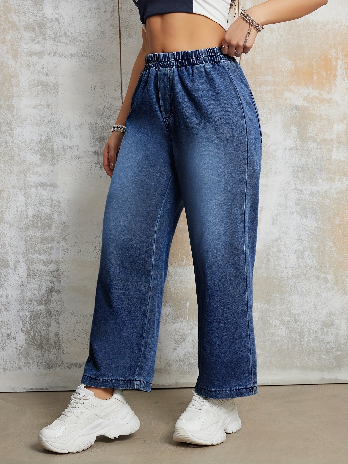 Elastic Waist Loose Fit Denim Pants