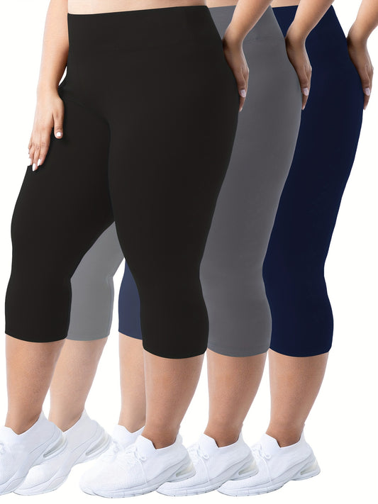 Plus Size - 3pcs High-Waist Capri Leggings for Women