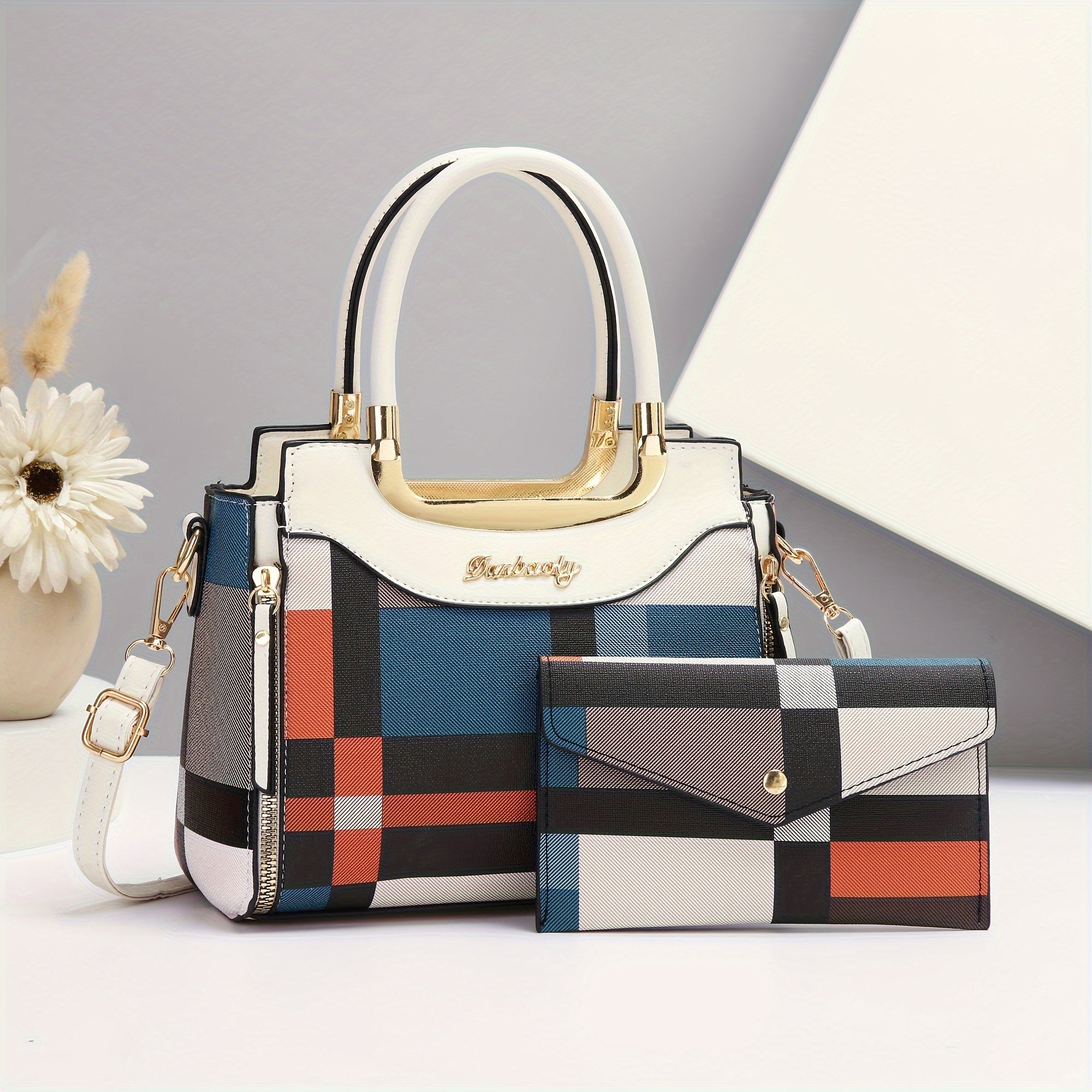Elegant Plaid Tote and Crossbody Bag Set
