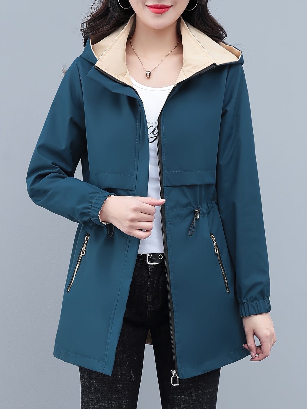 Women's Reversible Long Sleeve Windbreaker Jacket, Fit, Detachable Hood & Zipper Closure