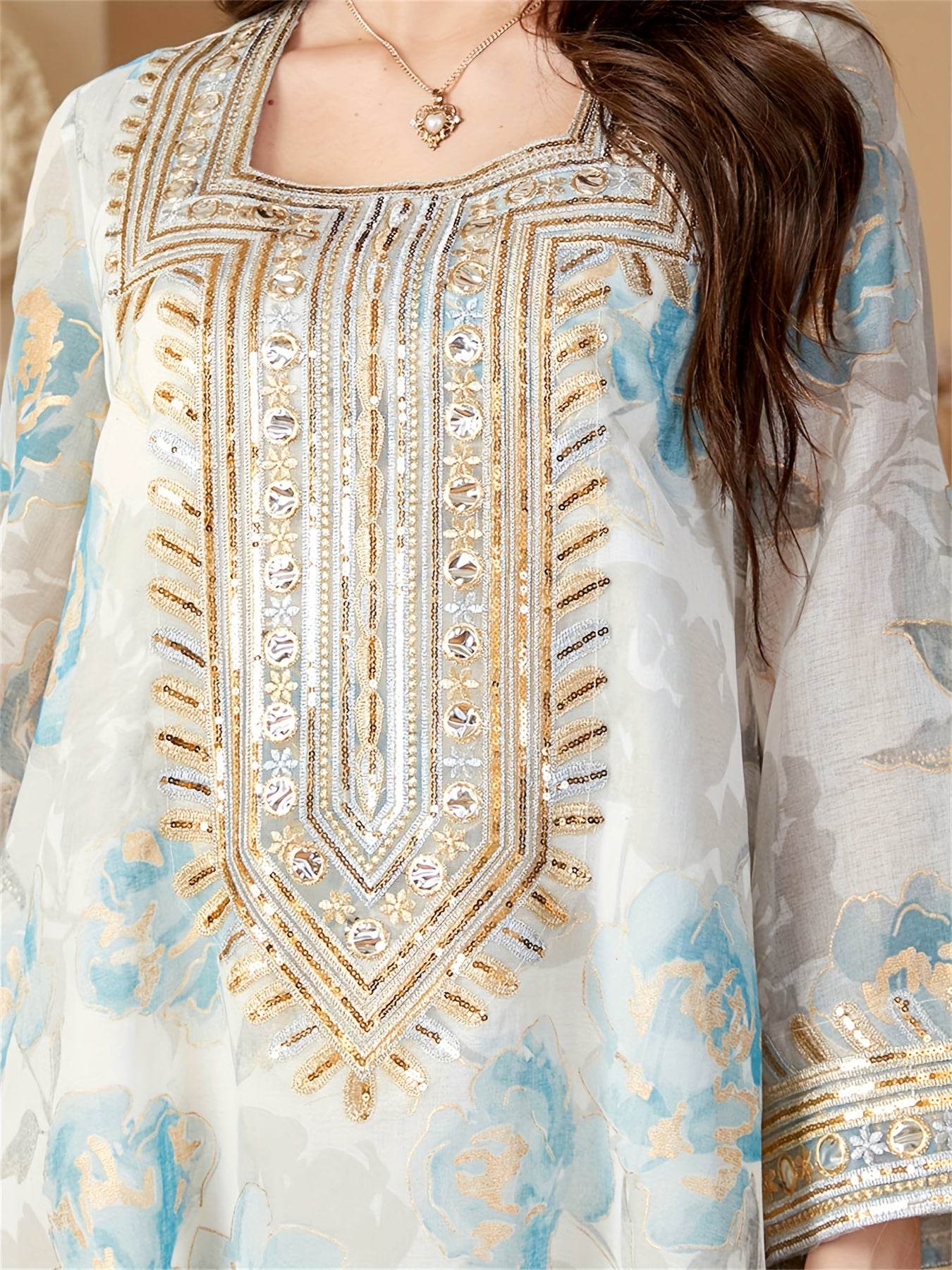 Floral Print Abaya Sequins Patchwork Loose Kaftan Elegant Dresses