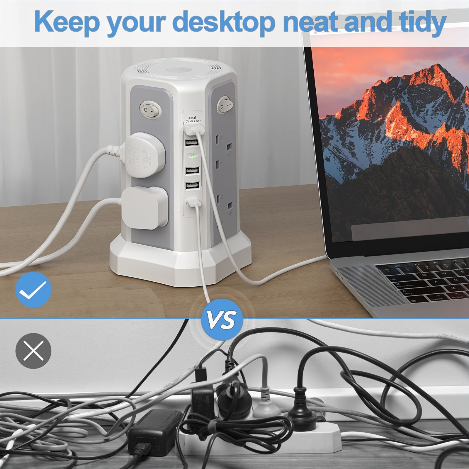 2-Story Tower Power Supply with 8 AC Sockets, 4 USB Ports, 1 USB-C PD20W Fast Charging
