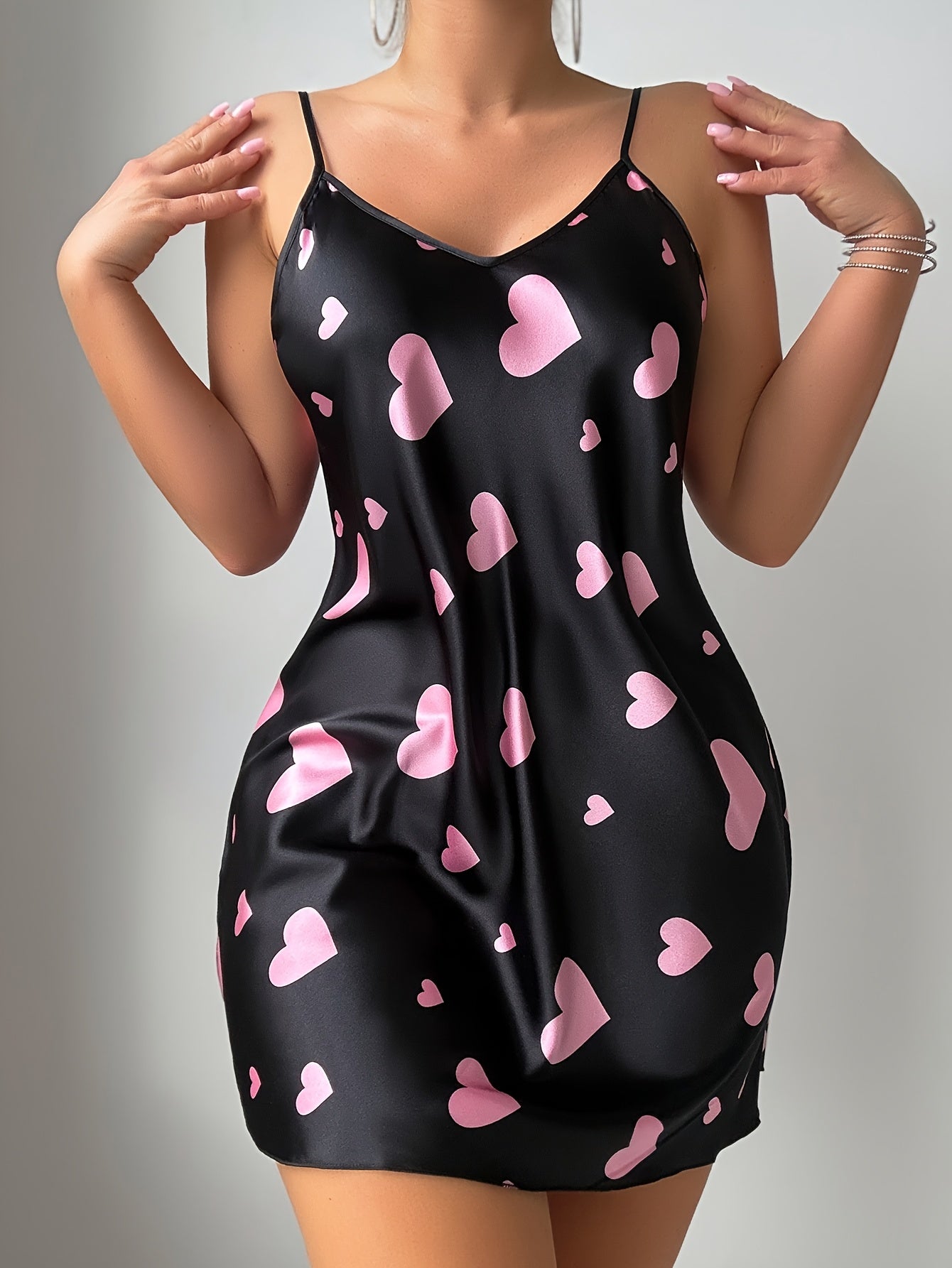 Women's Black & Pink Heart Print V-Neck Sleeveless Nightgown - Soft Stretchy Fabric, Machine Washable, All-Season Comfort for Lounge &