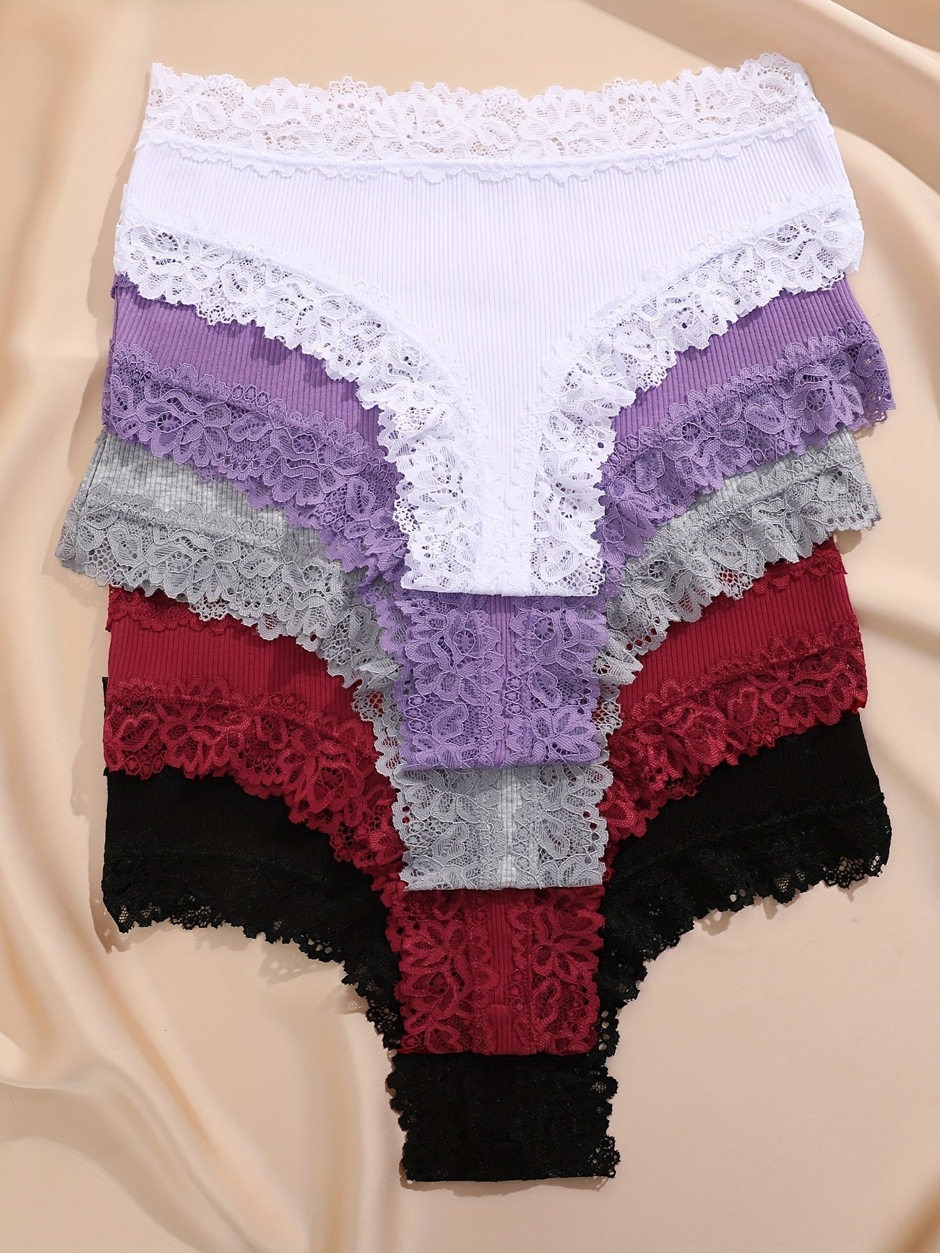 5pcs Solid Lace Trim Briefs, Comfy & Breathable Intimate Panties, Women's Lingerie & Underwear