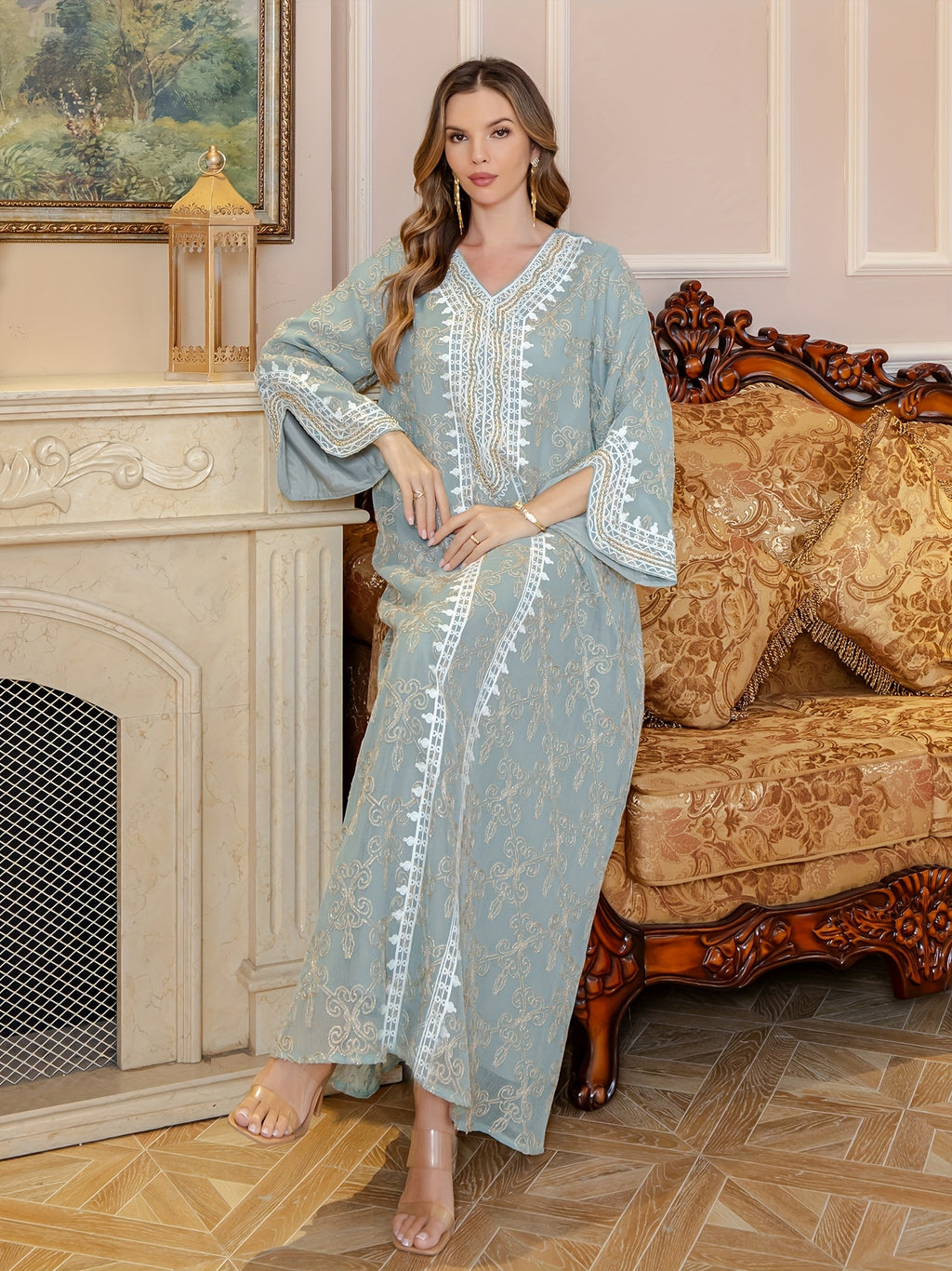 Middle Eastern Embroidered Abaya Long Robe, Light Luxury Evening Gown Two-Piece Dress for Women
