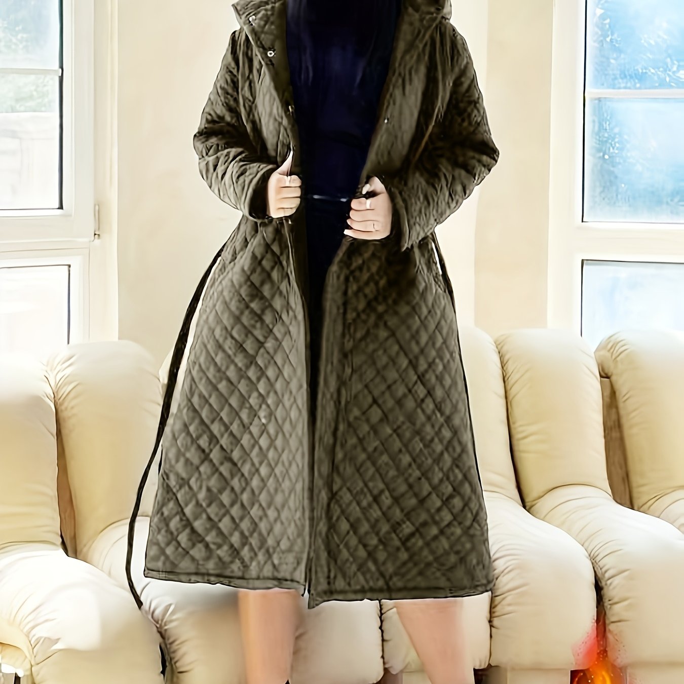 Elegant Fashion Quilted Over-the-Knee Dress with a Loose Hooded Design, Featuring a Belt for Women.
