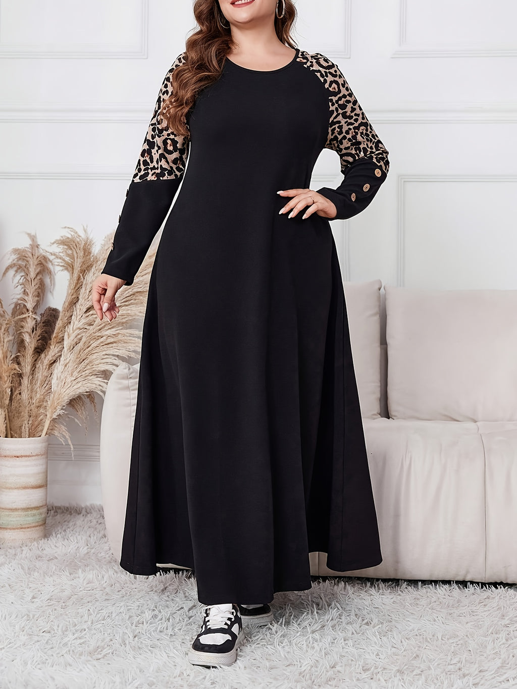 Women's Plus Size Elegant Leopard Print A-Line Maxi Dress with Swing Waist