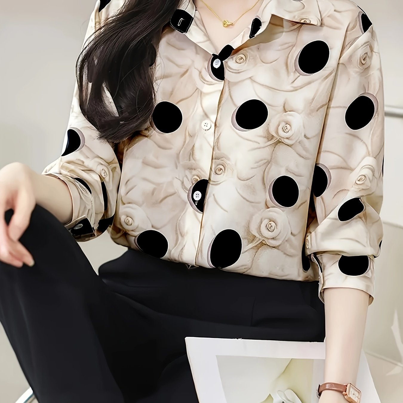 Elegant Polka Dot & Floral Print Long Sleeve Collared Blouse for Women