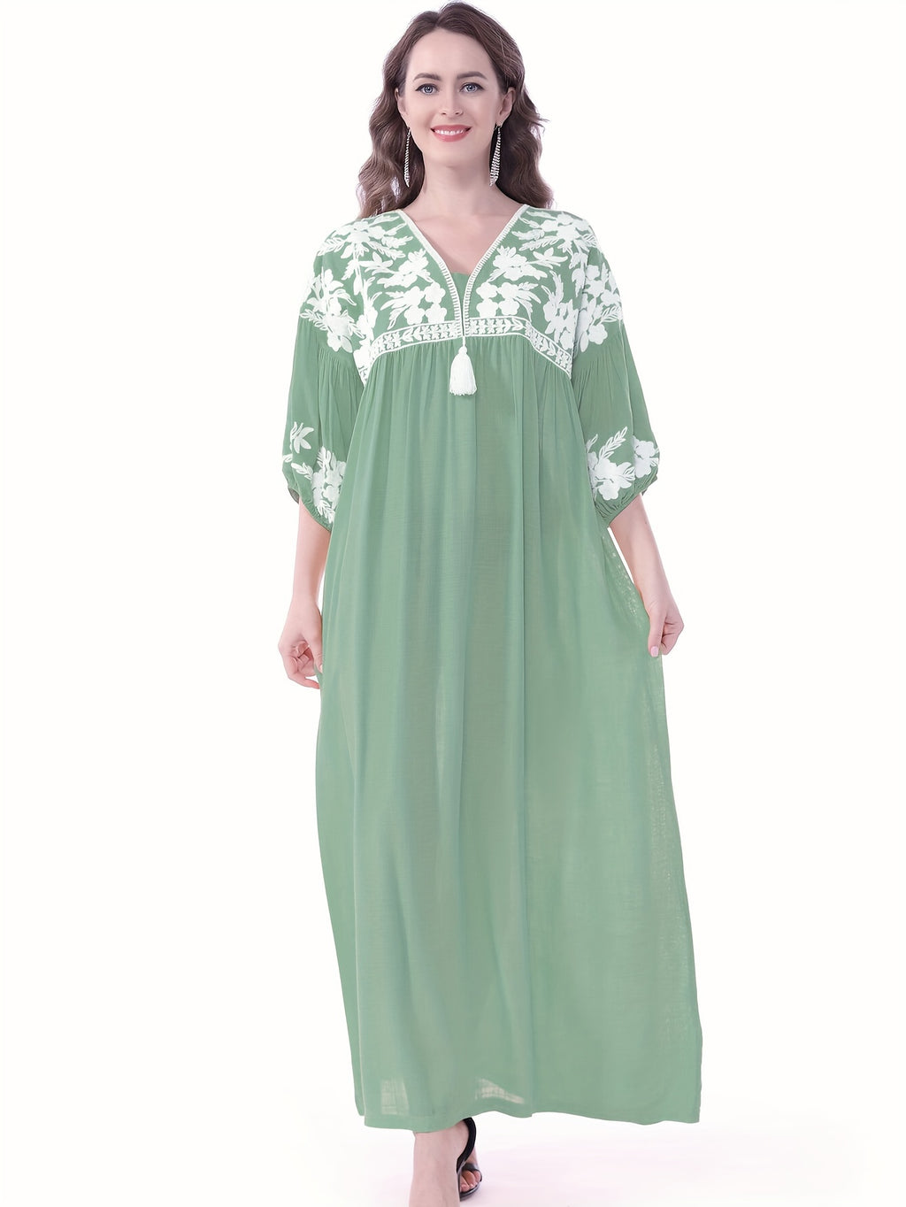 Women's White Floral Embroidery - Loose Fit, V-Neck, Half Sleeve, Non-Stretch Fabric