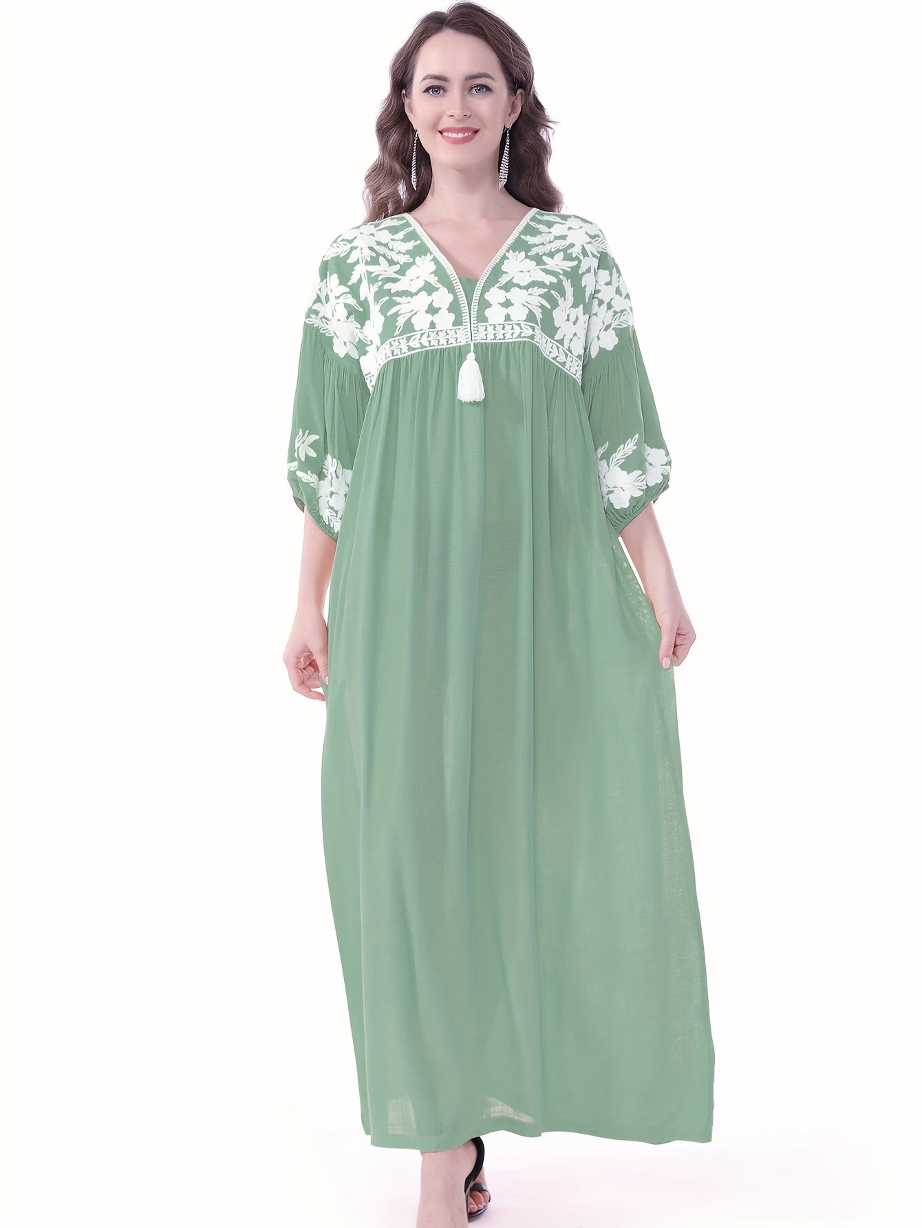 Women's White Floral Embroidery - Loose Fit, V-Neck, Half Sleeve, Non-Stretch Fabric