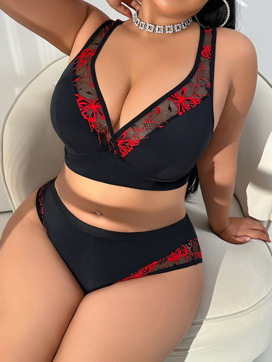 Wireless and Padded Contrast Lace Splicing Plus Size Women's Bra Set