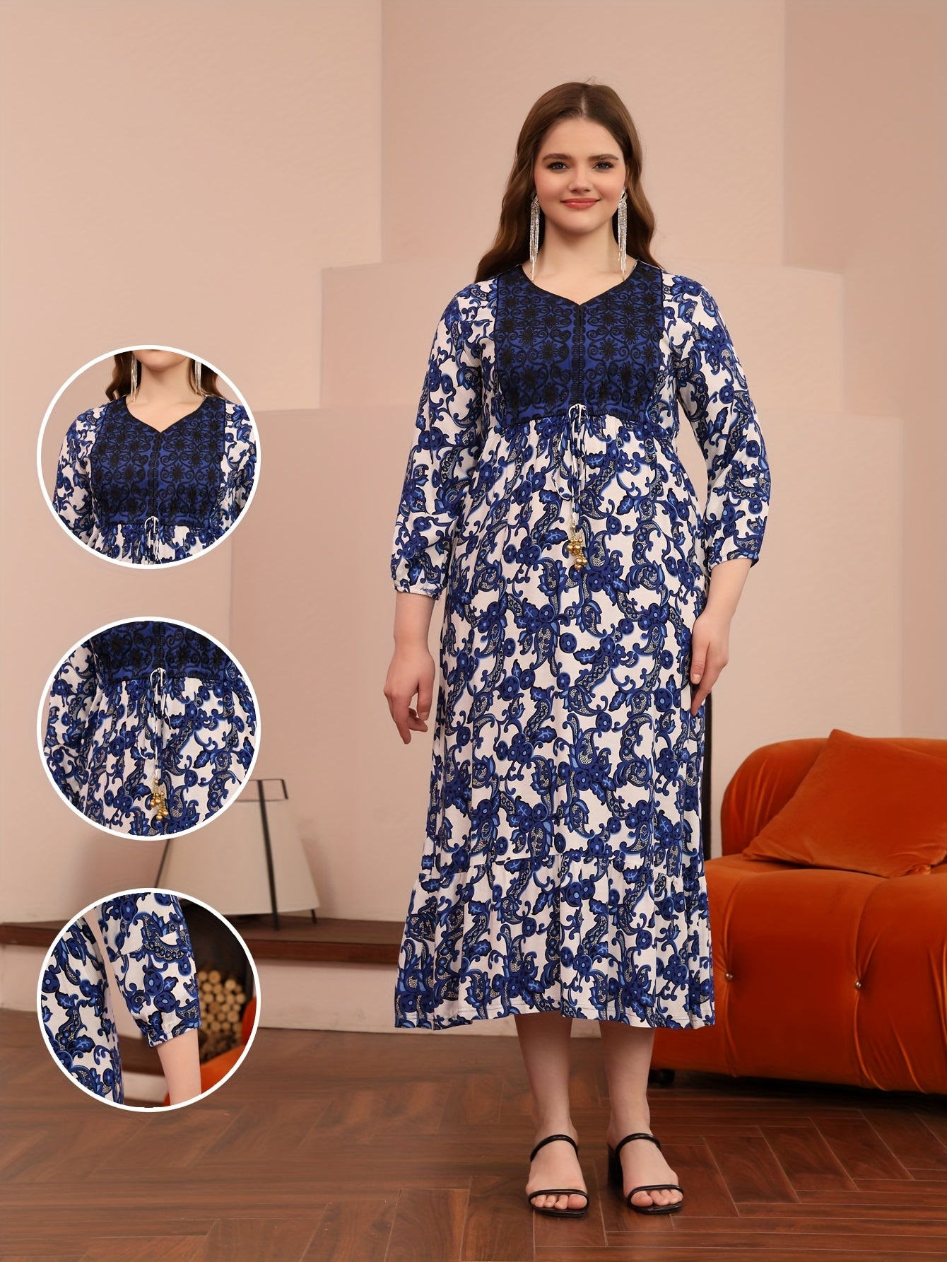Elegant Floral Print Midi Dress with Beaded Tie-Waist and Ruffle Hem
