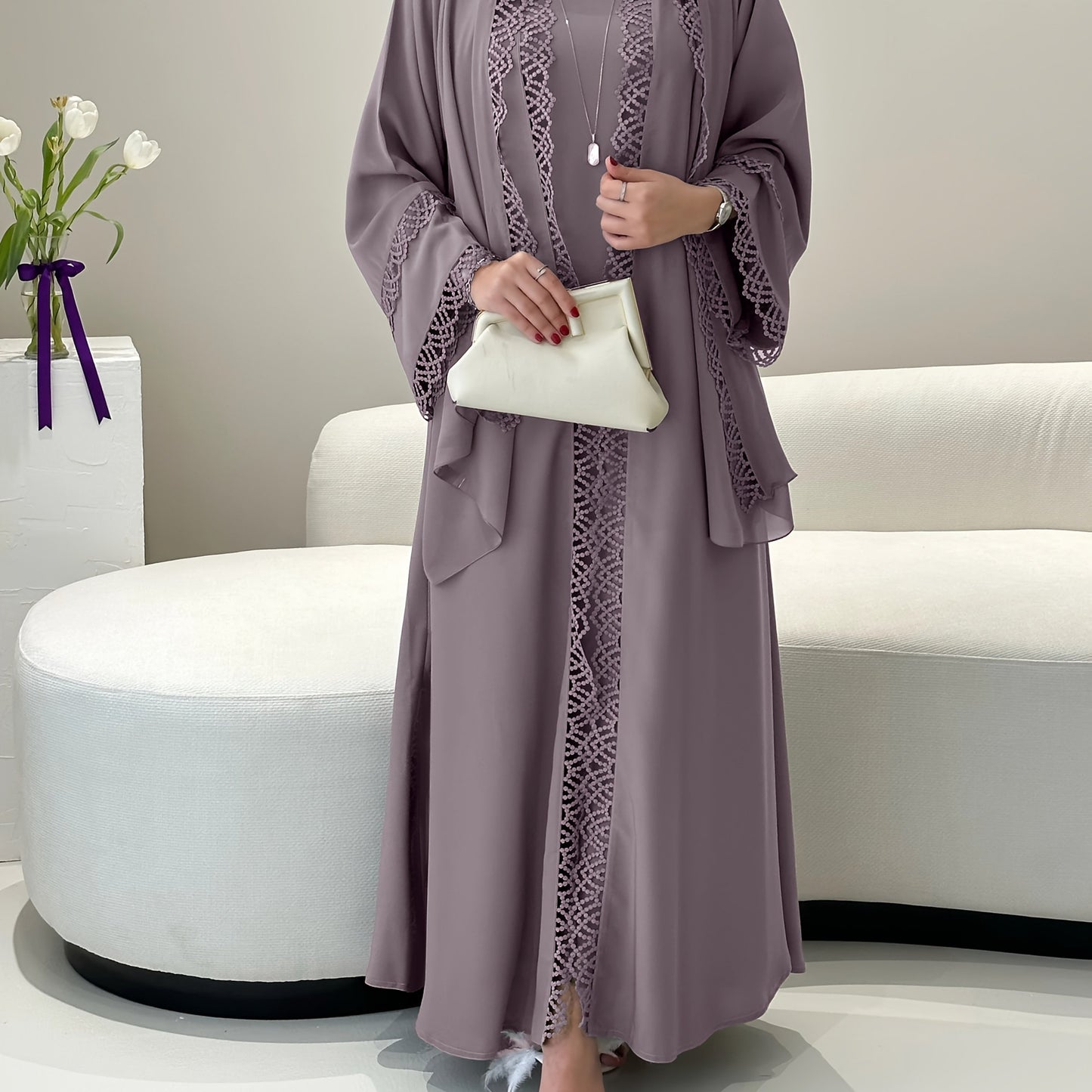 2pcs Set with Lace Trim Muslim Kaftan