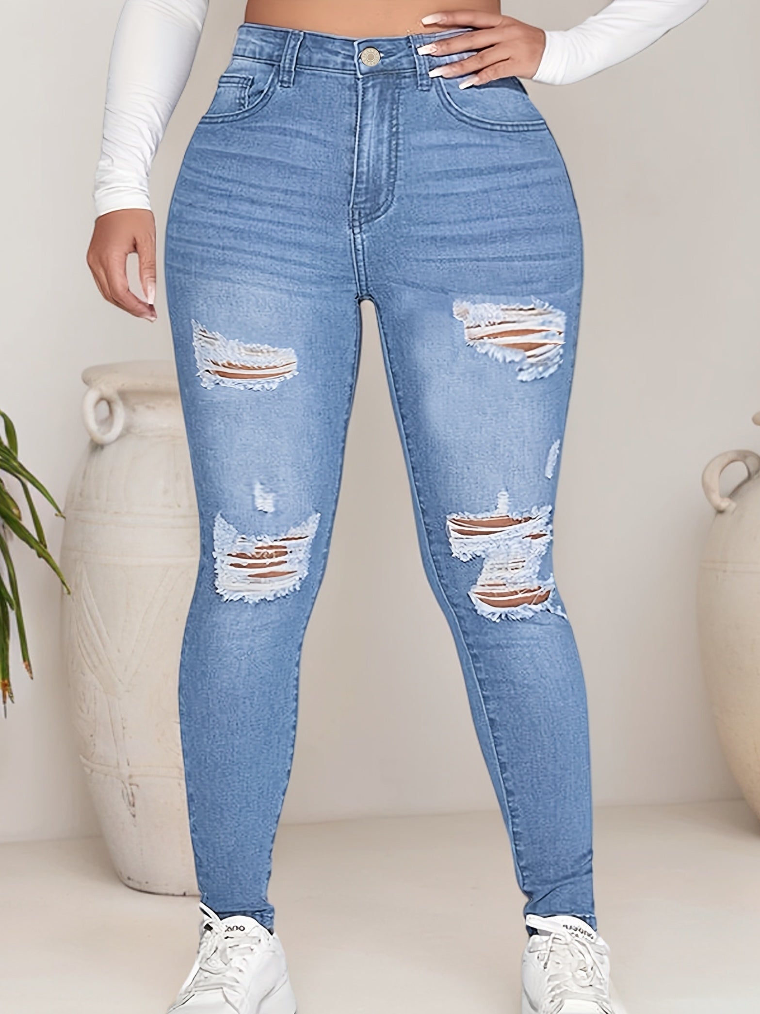 Women's Plus Size Light Blue Distressed Stretch Skinny Jeans - High-Waisted, Button Closure
