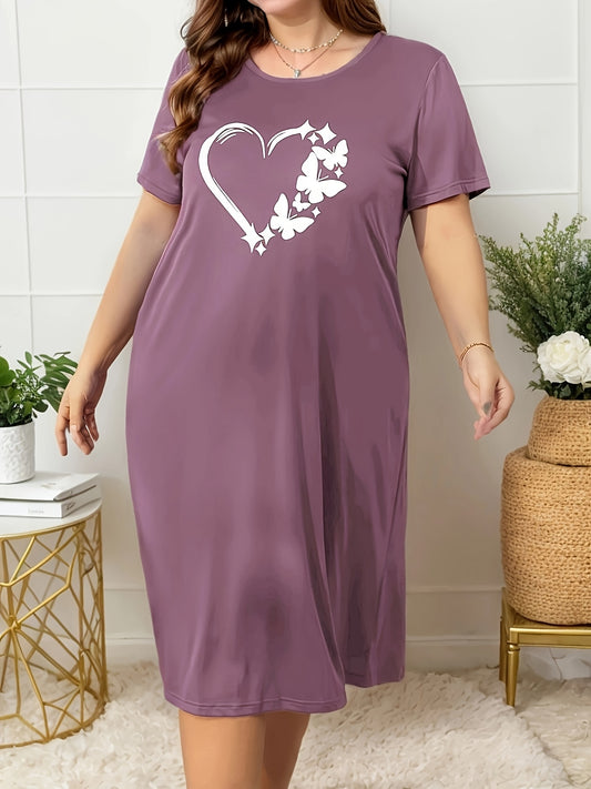 Women's Plus Casual Lounge Dress, Plus Size Butterfly & Heart Print Short Sleeve Crew Neck Sleep Dress