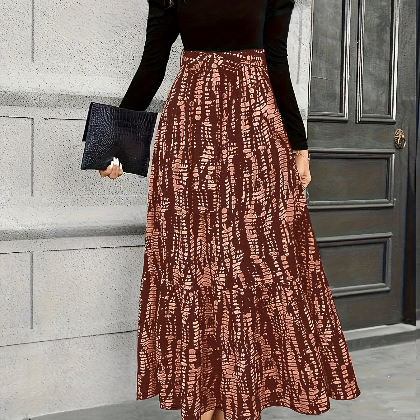 Women's Elegant Bubble Long Sleeve Midi Dress with Adjustable Waist Belt