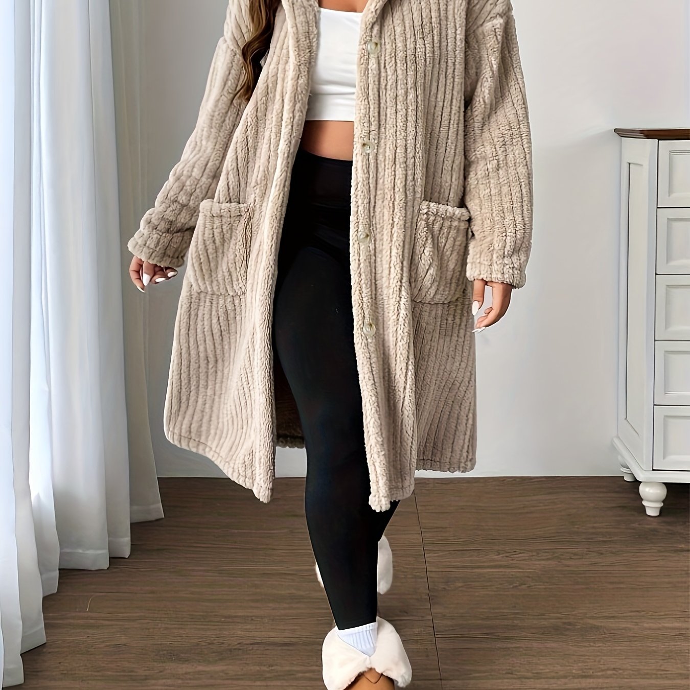 Plus-Size Women's Hooded Long-Sleeve Plush Coat