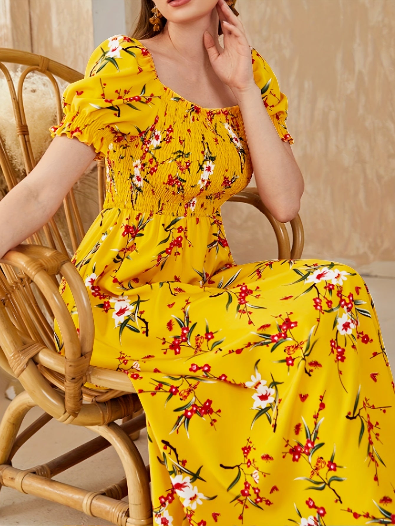 Women's Floral Print Square Neck Puff Sleeve Dress