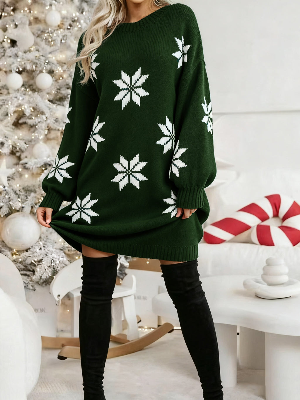 Red & White Snowflake Winter Dress Christmas Day Loose-Fit Poinsettia Smock Sleeve Mid-Length Dress