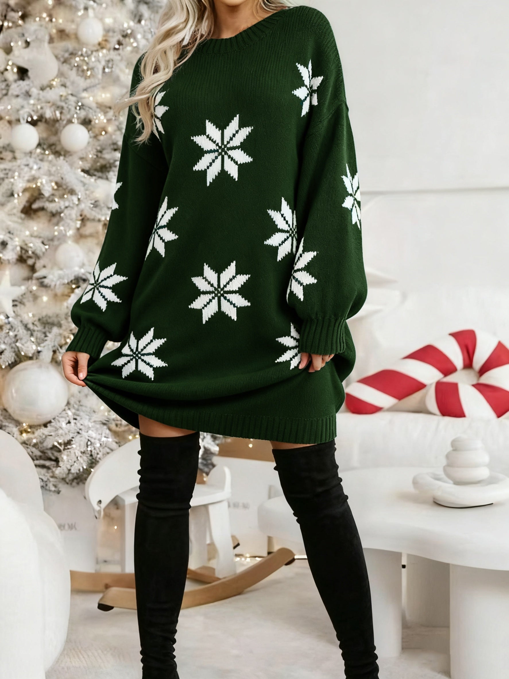 Red & White Snowflake Winter Dress Christmas Day Loose-Fit Poinsettia Smock Sleeve Mid-Length Dress